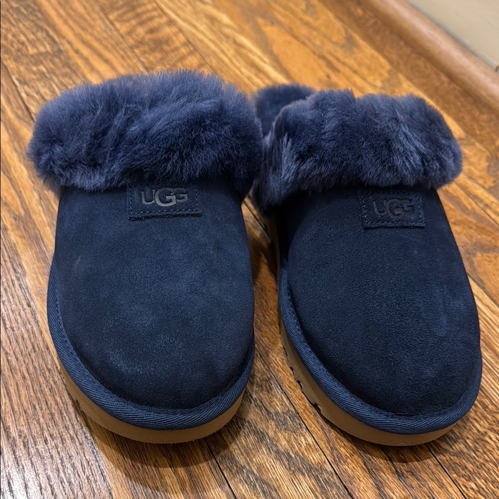 UGG Blue Cozy Suede Slippers with Fur Lining